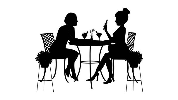 Black silhouette of two women sitting on chairs gossiping about picture on phone, cafeteria - Vector, Image
