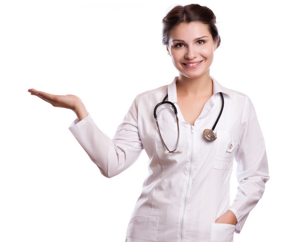 piękny sukces kobiece lekarz trzymając coś na jej ręce - Zdjęcie, obraz