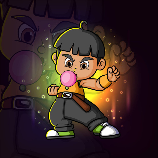 Cool chlapec je připraven k boji při foukání bubblegum esport maskot logo design ilustrace - Vektor, obrázek