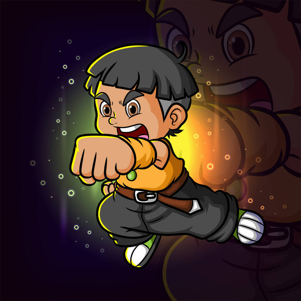 El chico fresco está dando un puñetazo con el fuerte poder esport mascota logo diseño de ilustración - Vector, imagen