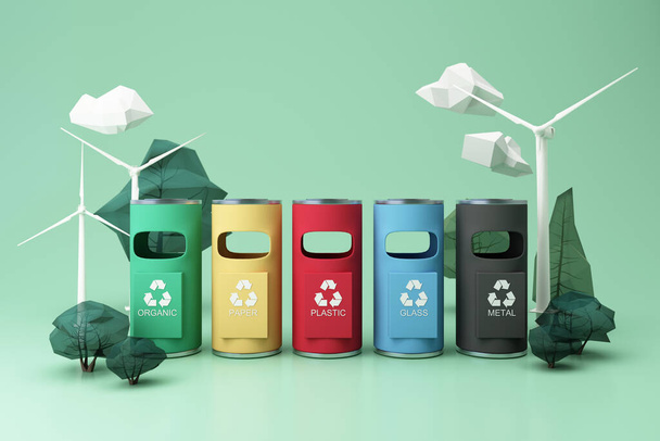 廃棄物分離概念地球環境を復元するためにリサイクルされた材料を作ることで世界を助けるために廃棄する前に分類する3Dレンダリング - 写真・画像