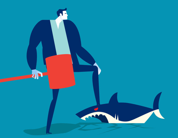 Üss szét egy cápát egy hatalmas kalapáccsal. Üzleti rajzfilm karakter koncepció - Vektor, kép