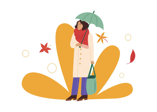 Hand drawn lady with umbrella in coat and scarf, autumn time vector illustration in flat style with abstract background - Vetor, Imagem