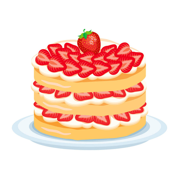 Whole strawberry shortcake icon vector. Sweet cake with strawberries and whipped cream vector isolated on a white background. Layer cream cake on a plate drawing - Vektor, kép