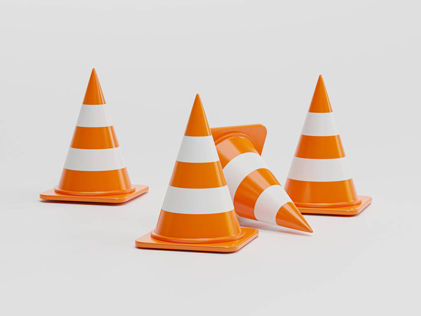 3Dレンダリング図による建設、メンテナンス、注意と輸送コンセプトのための現実的なオレンジ交通警告コーンの分離. - 写真・画像