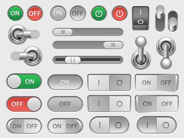 Toggle switch. On off slider and adjustable button, user interface skeuomorphic elements for option menu. Vector switches isolated set for mobile application or equipment, red and green indicators - Вектор, зображення