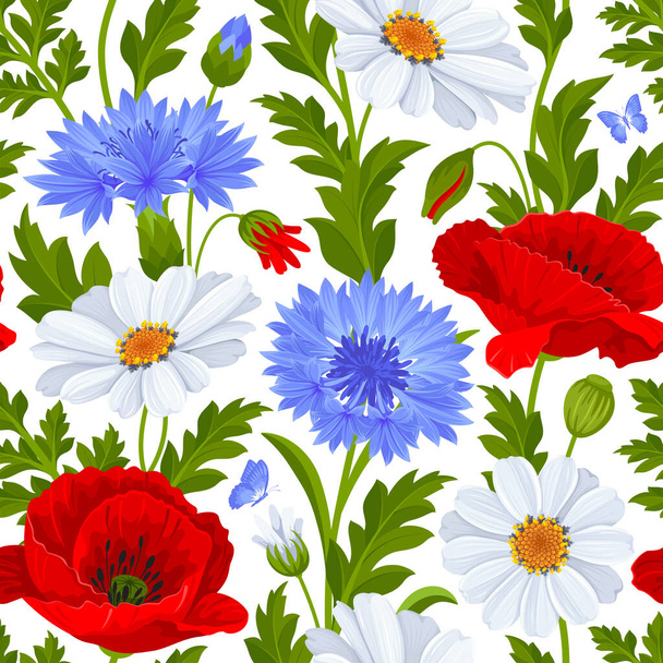 Bright seamless pattern with wildflowers. Red poppy, white daisy, cornflower, leaves and buds. Surface design for any decoration, textile printing, printed issues, greeting cards. Vector illustration - Vector, Image