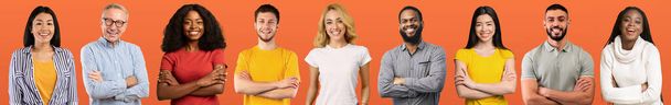 Positive multicultural men and women different ages and occupations posing on orange studio background, happy beautiful multiracial people sharing good vibes, collage, panorama - Photo, Image