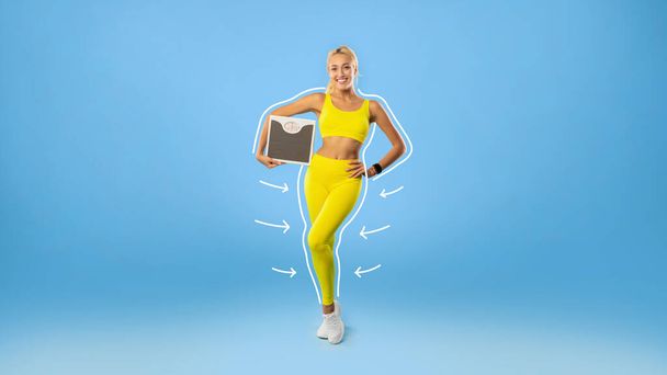 Collage with young blonde woman in sportswear holding scales, achieving her slimming goal, keeping weight loss diet over blue studio background, banner design with copy space - Foto, Imagem