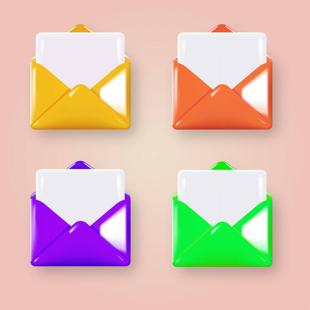 Set of 3d colorful opened envelopes, messages or mails. Vector illustration - Vektör, Görsel