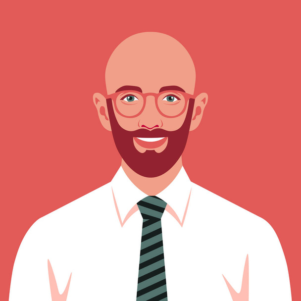 Portret van een gelukkige kale man met baard en stropdas. Avatar van een succesvolle zakenman met bril. Een lachende politicus. Vector platte illustratie - Vector, afbeelding