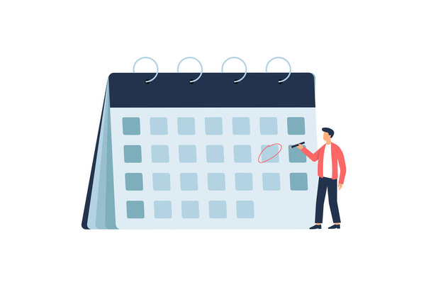 Business man pianificazione evento per il calendario, agenda, gestione del tempo. Illustrazione vettoriale - Vettoriali, immagini