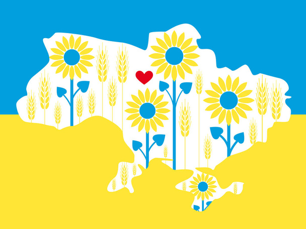 Όμορφος χάρτης της Ουκρανίας με σιτάρι και ηλιοτρόπια στα χρώματα της εθνικής σημαίας. - Διάνυσμα, εικόνα