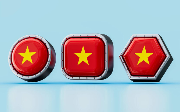 3d renderowania znaków flagi Wietnamu w trzech różnych kształtach ramki, koło, kwadrat i sześciokąt - Zdjęcie, obraz
