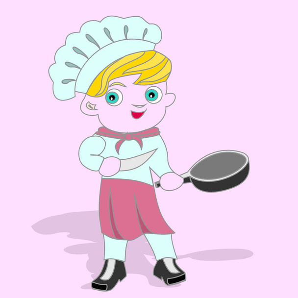 μικρή μαγείρισσα με ένα τηγάνι και ένα μαχαίρι, διανυσματικό σχέδιο. - Διάνυσμα, εικόνα