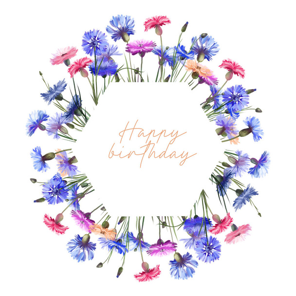 Marco hexagonal geométrico de acuarela flores de maíz de colores, ilustraciones sobre un fondo blanco, diseño de tarjetas de cumpleaños - Foto, Imagen