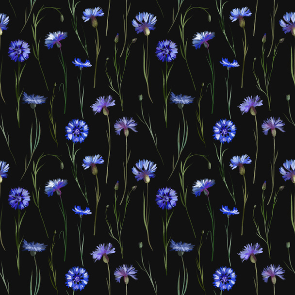 Seamless pattern of watercolor blue cornflowers, illustrations on a black background - Fotoğraf, Görsel