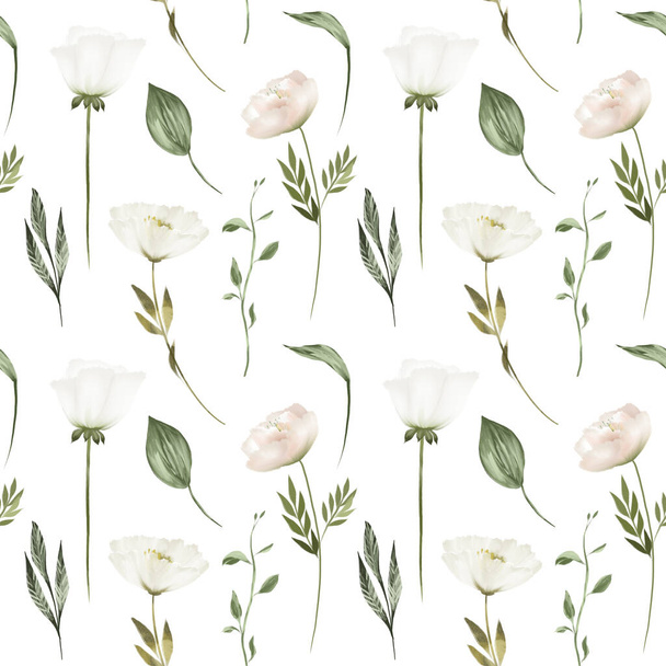 Seamless pattern of white flowers and green leaves, illustration on white background - Photo, Image