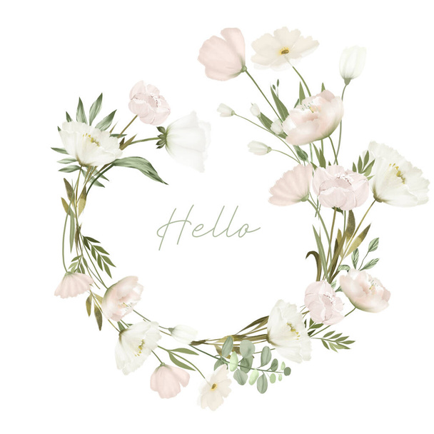 Wianek zieleni i białych kwiatów, szablon ślubnej karty kwiatowej, ilustracja na białym tle - Zdjęcie, obraz