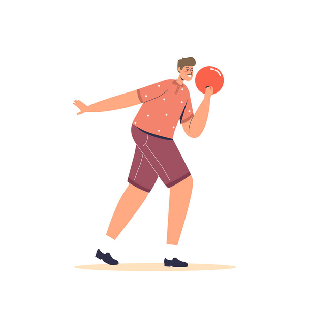Young man throwing ball for bowling game. Happy active man playing bowling at leisure time. Indoor recreation activity and hobby concept. Cartoon flat vector illustration - Vector, Image