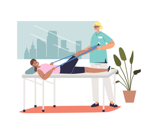 Patient at physical therapy rehabilitation with physiotherapist. Woman exercise with elastic band after leg injury. Physiotherapy rehab with ribbon. Medical treatment. Cartoon flat vector illustration - Vector, Image