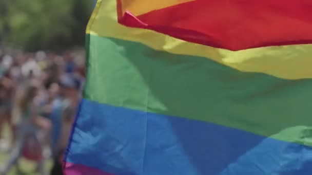 La bandera del arco iris LGBTQ ondeando en cámara lenta con la gente en un segundo plano - Imágenes, Vídeo