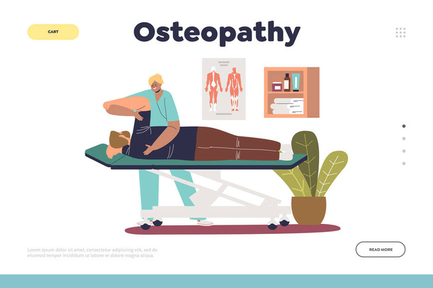 Osteopatický koncept přistávací stránky s pacientem na rehabilitační masáži. Fyzioterapeutka-masérka osteopatka léčící záda a paže. Fyzioterapeutická léčba. Kreslený plochý vektorový obrázek - Vektor, obrázek