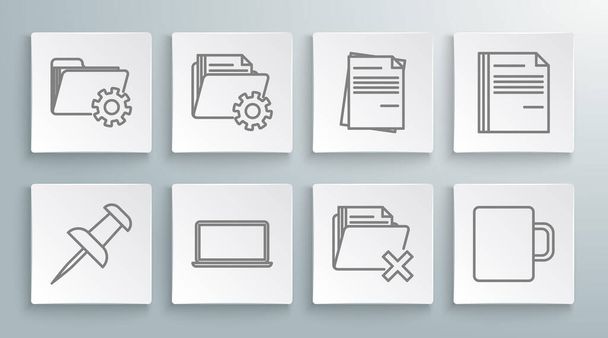 Set line Push pin Folder settings with gears Laptop Delete folder Coffee cup File document and icon. Vector. - Vector, imagen