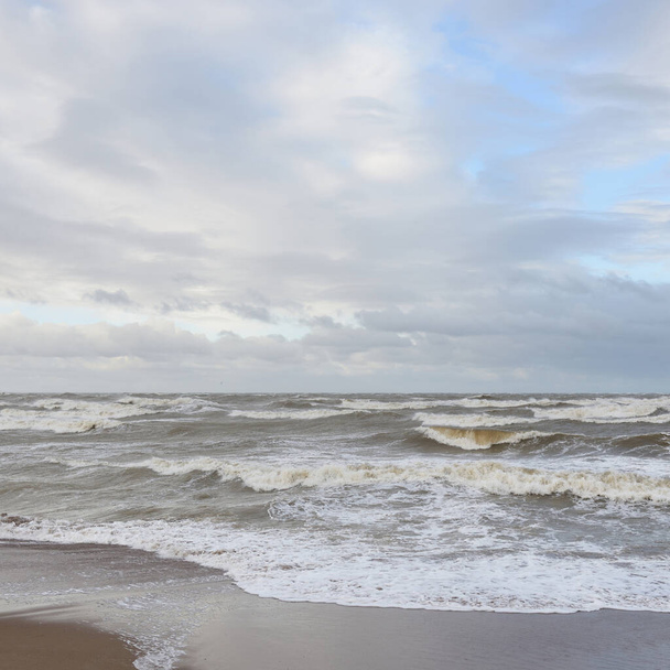 Baltic sea after the storm. Sunset. Picturesque panoramic scenery, seascape. Nature, environment, rough weather, climate change - Foto, afbeelding