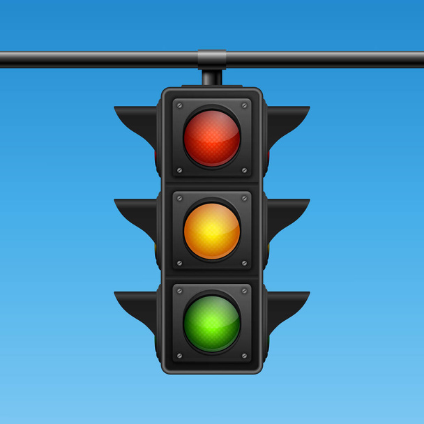 Vector Banner with 3d Realistic Detailed Road Traffic Lights on Blu Sky Background. Safety Rules Concept, Design Templete. Stoplight, Traffic Lights Template. - Vetor, Imagem