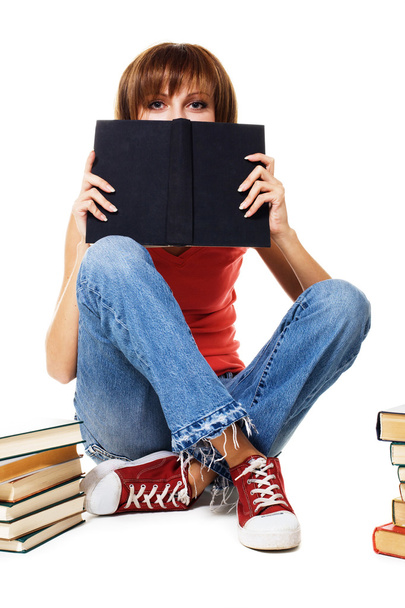 Linda menina estudante com livros
 - Foto, Imagem