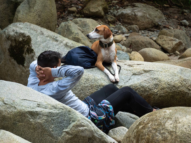 Güney Amerikalı Adam Köpeğiyle bir kayada oturuyor - Fotoğraf, Görsel