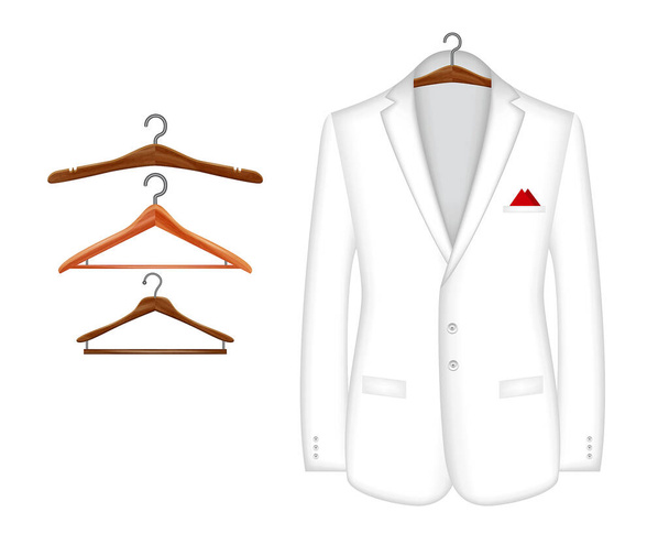 σετ από ρεαλιστικό αντρικό λευκό κοστούμι απομονωμένο ή λευκό επίσημο πουκάμισο ξύλινη κρεμάστρα με διάφορες κρεμάστρες. διάνυσμα eps - Διάνυσμα, εικόνα