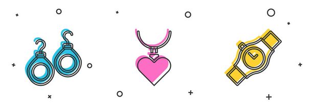 Set Earrings, Necklace with heart shaped pendant and Wrist watch icon. Vector. - ベクター画像