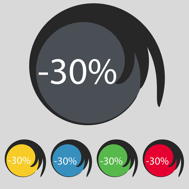 30% 割引の記号のアイコン。販売のシンボル。特別オファーのラベルです。色付きのボタン ベクトルのセット - ベクター画像