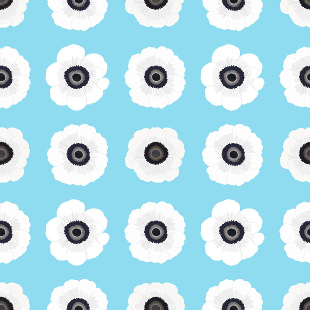 Vektor nahtloses Muster mit weißem Blütenblatt Anemone Frühlingsblumenblüte, Illustration abstrakte Flora Zeichnung auf blauem Hintergrund für Modetextilien drucken, Tapete und Papierverpackung - Vektor, Bild