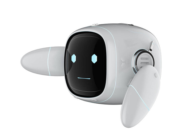 3d renderowania cute asystent sztuczna inteligencja robot bez nogi z kreskówek postać ręka w górę izolowane na białym - Zdjęcie, obraz