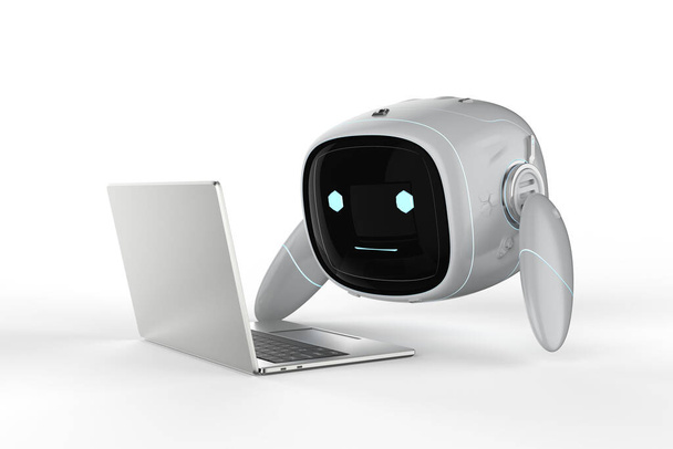 3d rendering carino assistente robot intelligenza artificiale senza gamba con personaggio dei cartoni animati lavoro con notebook del computer - Foto, immagini