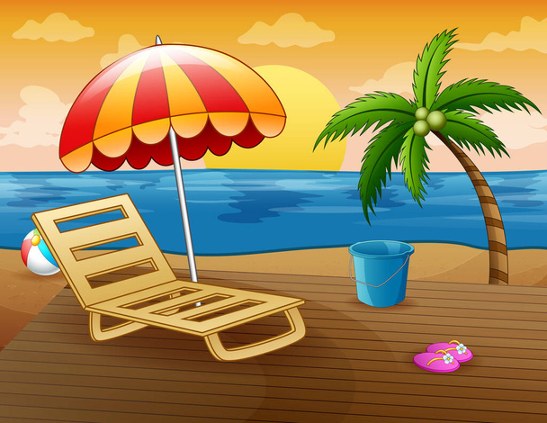 Summer beach background with sun lounger and toys - Vetor, Imagem