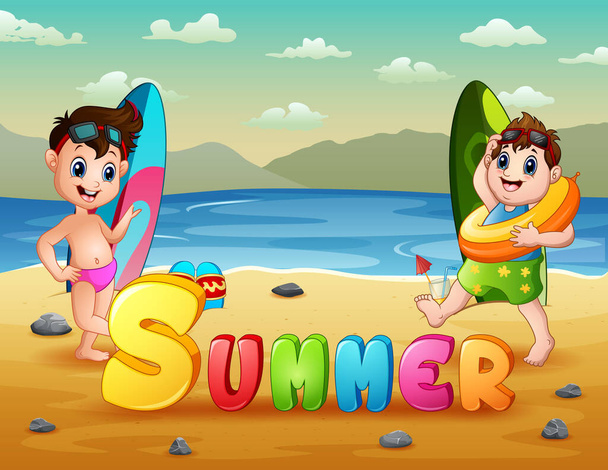 Summer background with cute boys playing at the beach - Vetor, Imagem
