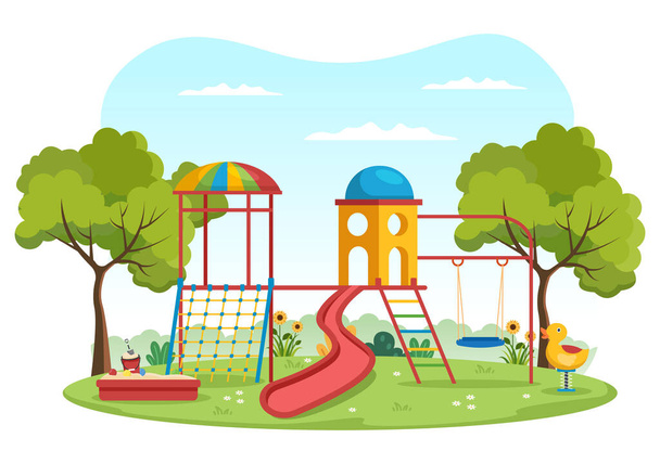 Children Playground with Swings, Slide, Climbing Ladders and More in the Amusement Park for Little Ones to Play in Flat Cartoon Illustration - Wektor, obraz