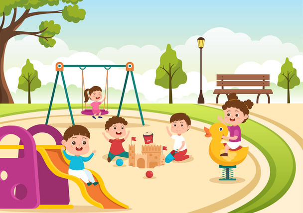 Children Playground with Swings, Slide, Climbing Ladders and More in the Amusement Park for Little Ones to Play in Flat Cartoon Illustration - ベクター画像