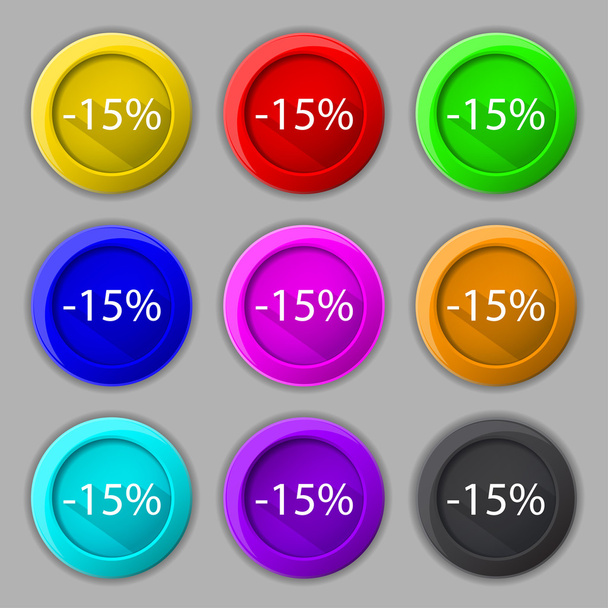 15 percent discount sign icon. Sale symbol. Special offer label. Set of colored buttons Vector - Vetor, Imagem