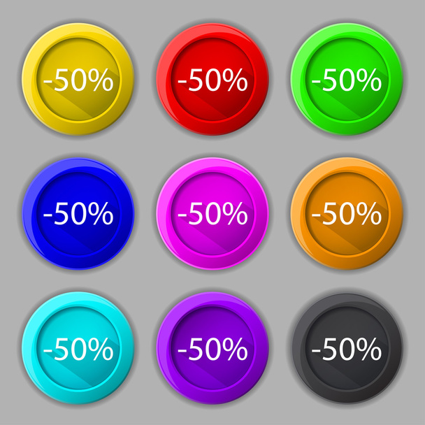 50 percent discount sign icon. Sale symbol. Special offer label. Set of colored buttons Vector - Vetor, Imagem