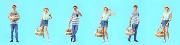 Set of people with baskets for picnic on light blue background - Fotoğraf, Görsel