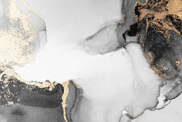 Fekete arany elvont háttér márvány folyékony tinta művészet festmény papíron. Kép az eredeti mű akvarell alkohol festék kiváló minőségű papír textúra . - Fotó, kép