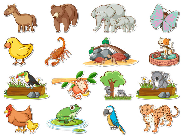 Набір наклейки мультиплікаційної ілюстрації диких тварин
 - Вектор, зображення