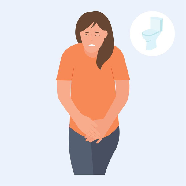 Stressed woman standing and want to pee.  Anxious girl  with a full bladder need a toilet, desperation and stress. Vector illustration. - Вектор,изображение