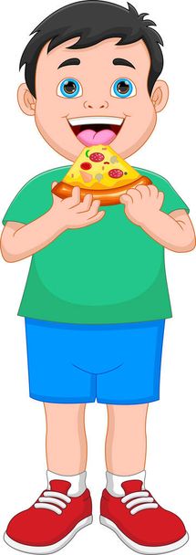 мальчик ест пиццу на белом фоне - Вектор,изображение