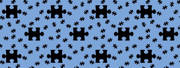 pattern. Image of black puzzle elements on pastel blue blue backgrounds. riddle. Template for application to surface. Banner for insertion into site. 3D image. 3D rendering. - Photo, Image
